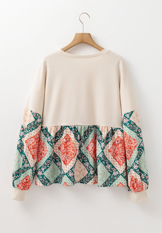 Printed Round Neck Long Sleeve Blouse - Charming Charlie