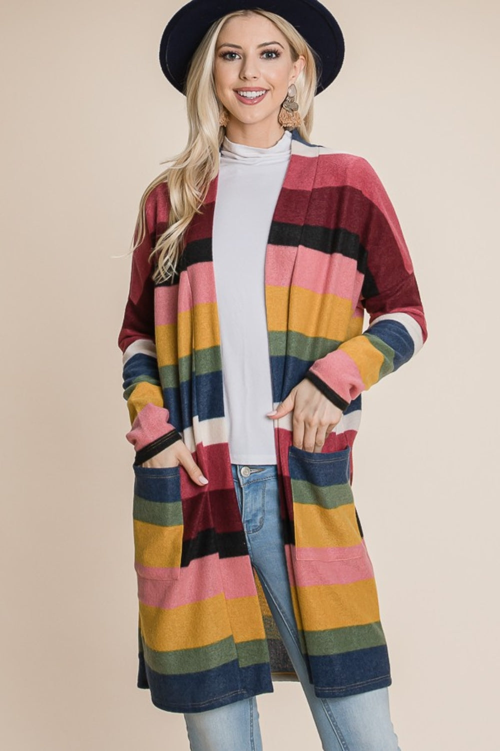 BOMBOM Color Block Striped Open Front Cardigan - Charming Charlie