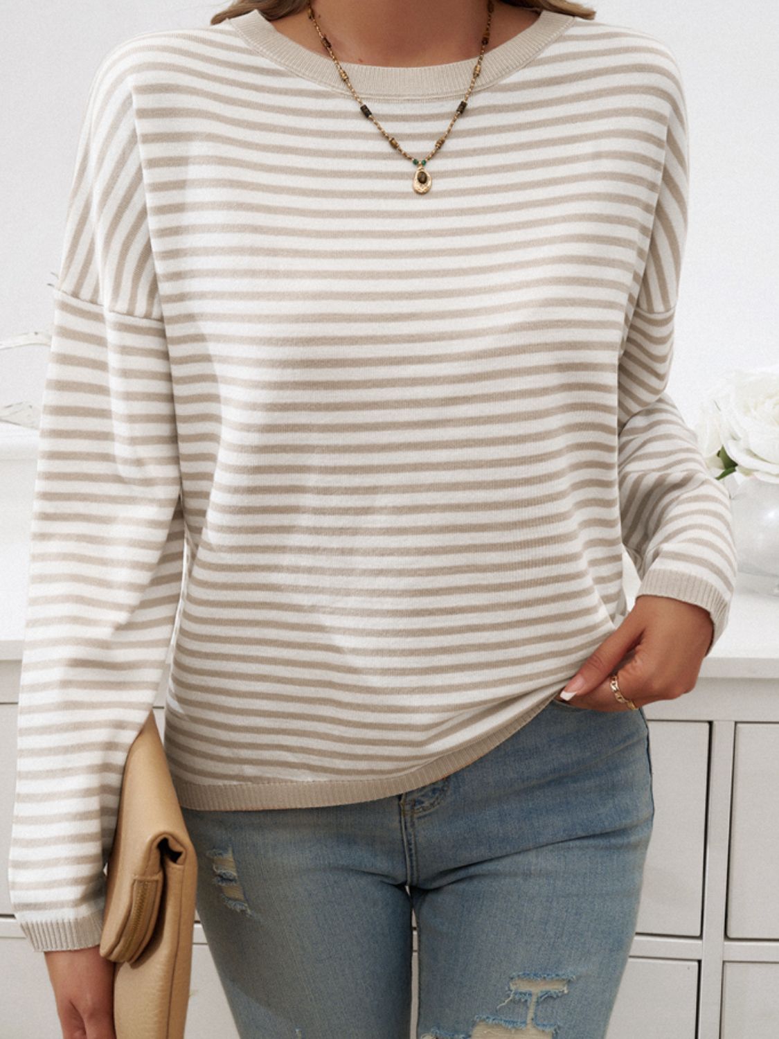 Striped Round Neck Dropped Shoulder Sweater - Charming Charlie