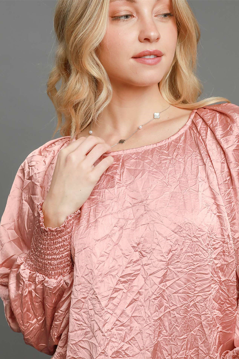 Umgee Wrinkled Round Neck Lantern Sleeve Blouse - Charming Charlie