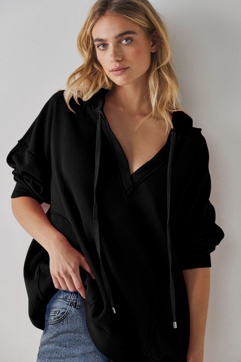 Exposed Seam Drawstring Long Sleeve Hoodie - Charming Charlie