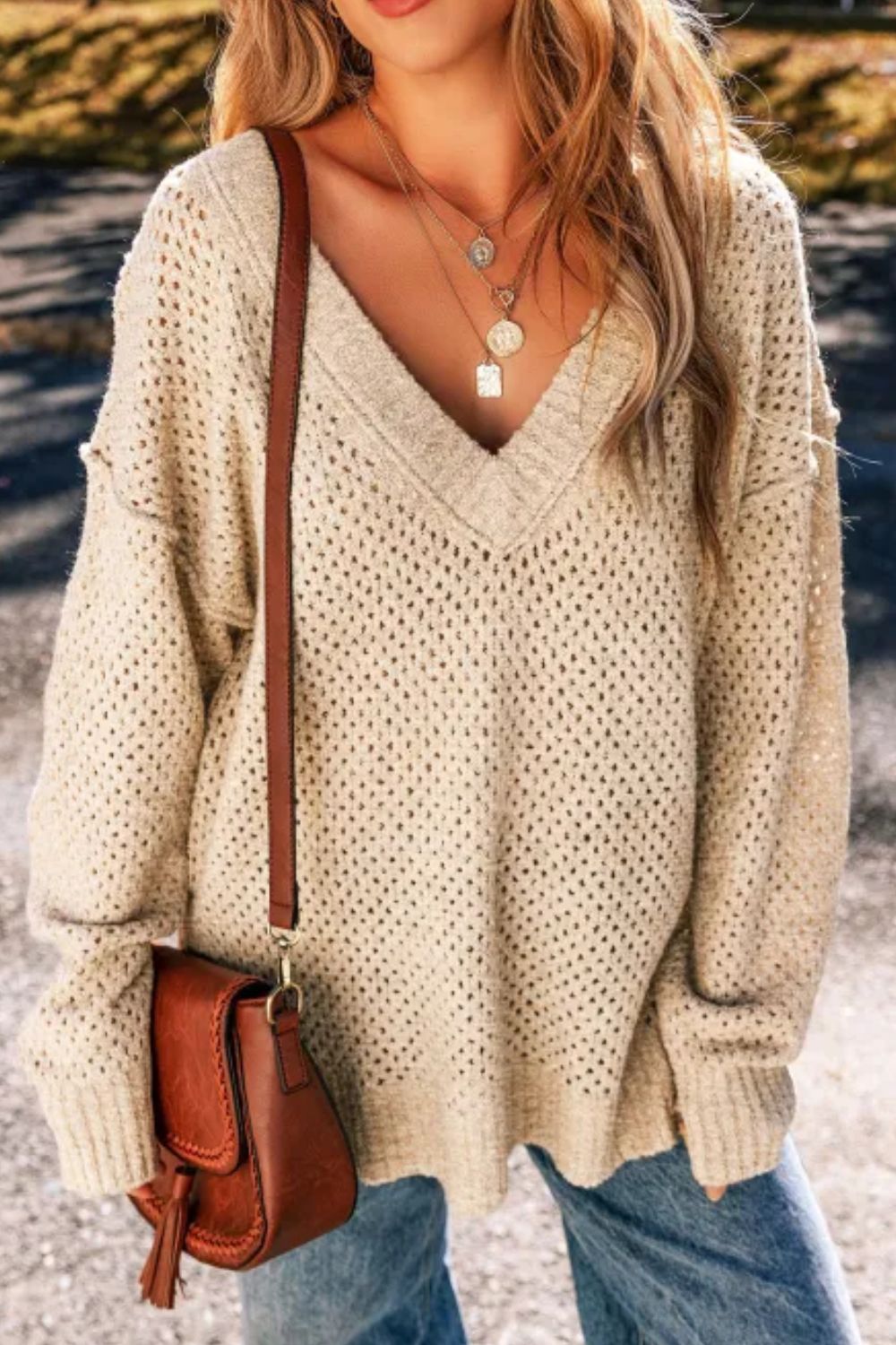 V-Neck Dropped Shoulder Long Sleeve Sweater - Charming Charlie