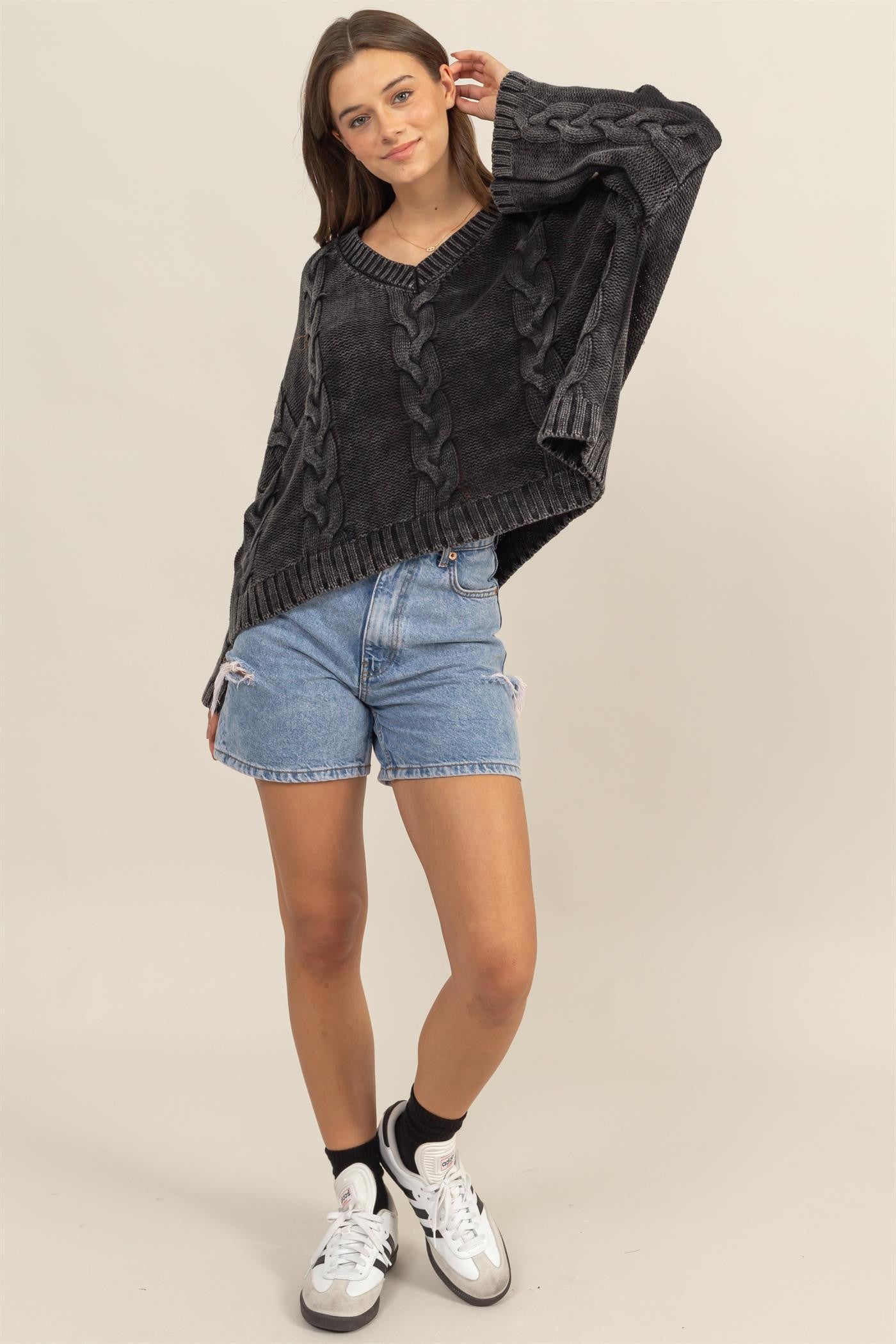 HYFVE Cable Knit V-Neck Dropped Shoulder Oversized Sweater - Charming Charlie