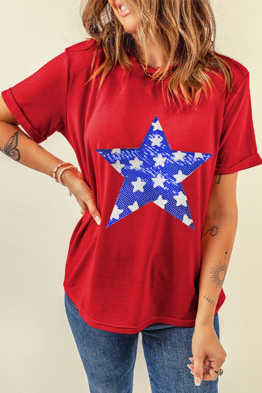 Sequin Star Round Neck Short Sleeve T-Shirt - Charming Charlie