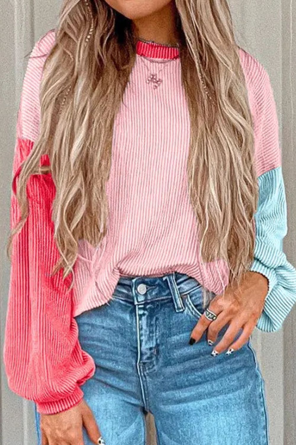 Color Block Round Neck Long Sleeve Top - Charming Charlie