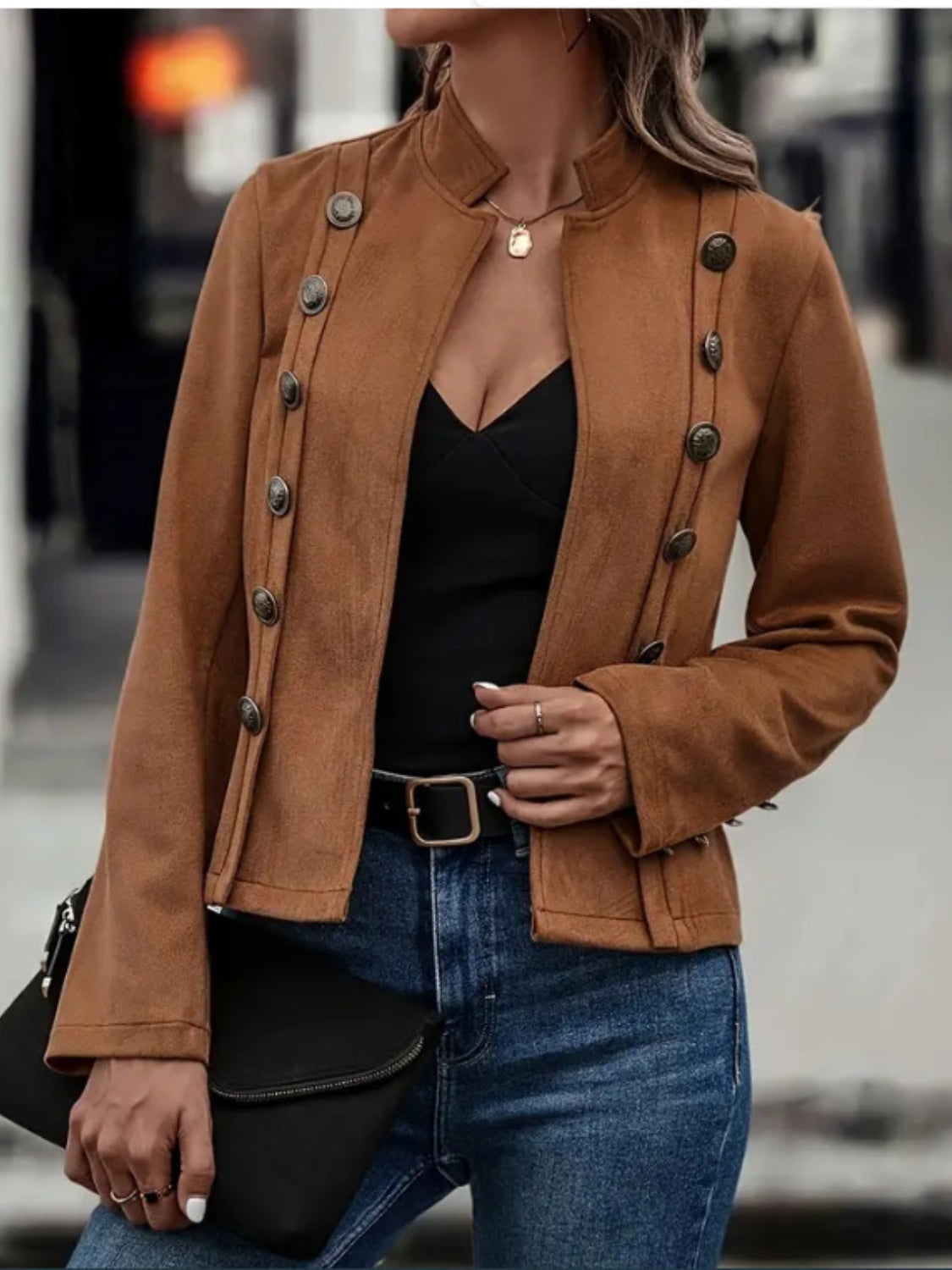 Decorative Button Open Front Long Sleeve Jacket - Charming Charlie