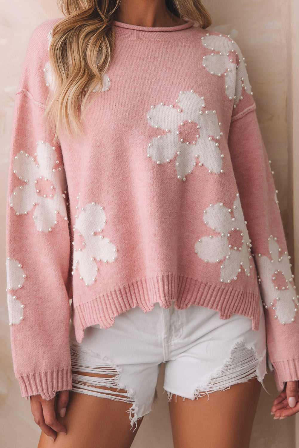 Pearl Trim Flower Round Neck Sweater - Charming Charlie