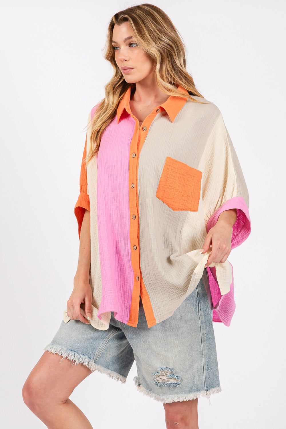 SAGE + FIG Full Size Color Block Button-Down Shirt - Charming Charlie