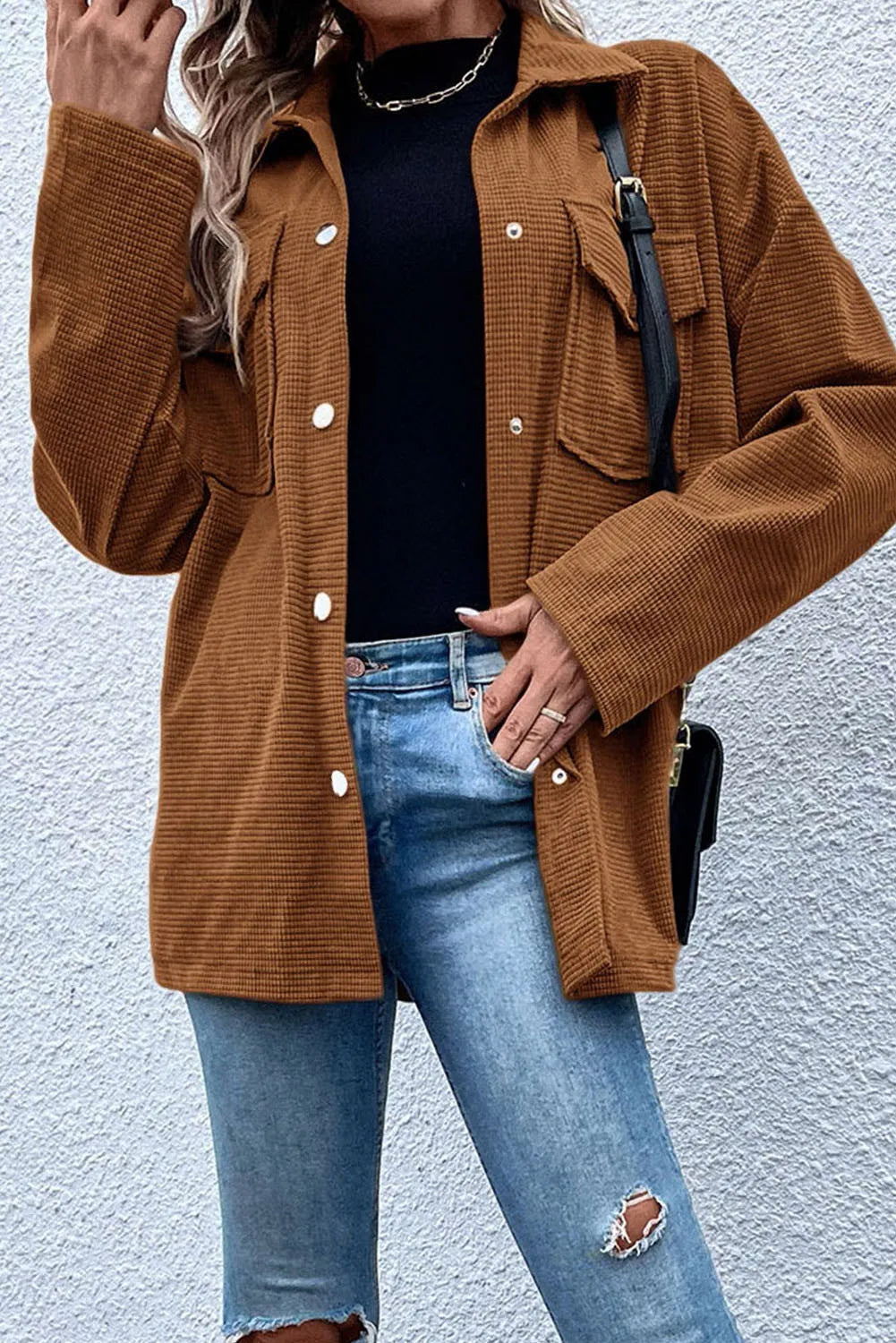 Pocketed Snap Down Long Sleeve Jacket - Charming Charlie
