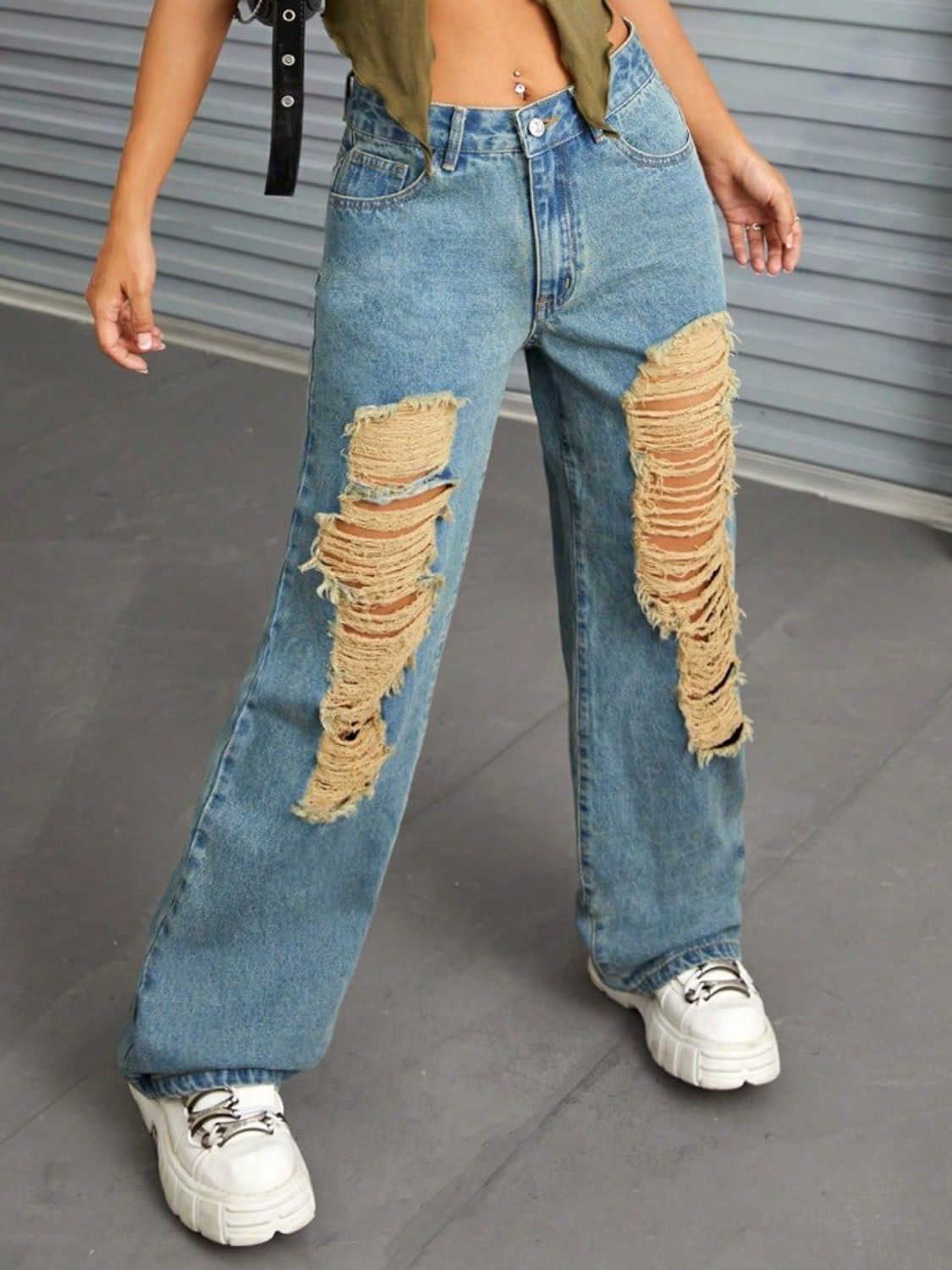 Distressed Wide Leg Jeans with Pockets - Charming Charlie
