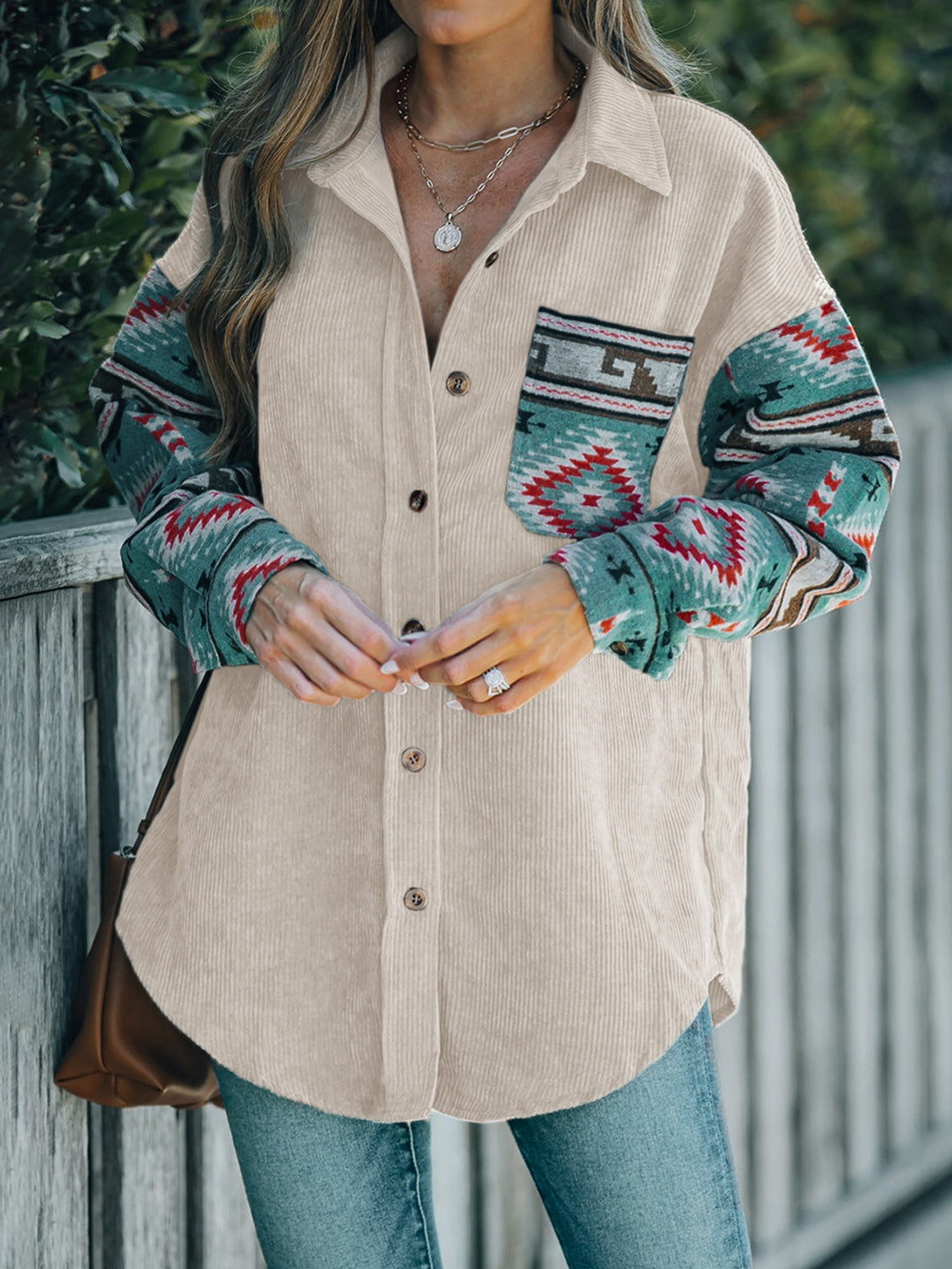 Perfee Pocketed Geometric Collared Neck Shacket - Charming Charlie