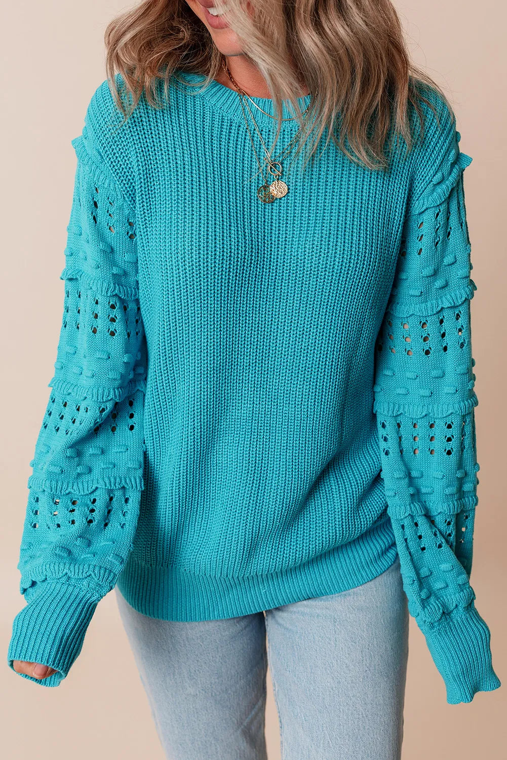 Openwork Frill Round Neck Long Sleeve Sweater - Charming Charlie