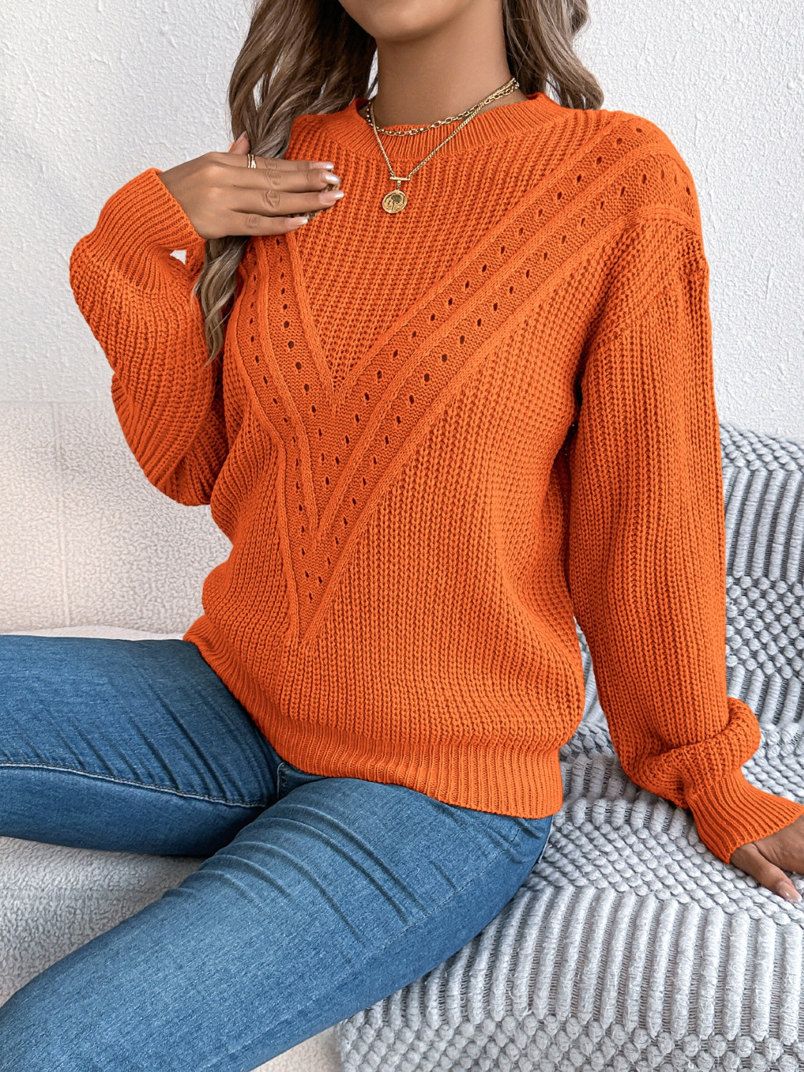 Openwork Round Neck Long Sleeve Sweater - Charming Charlie