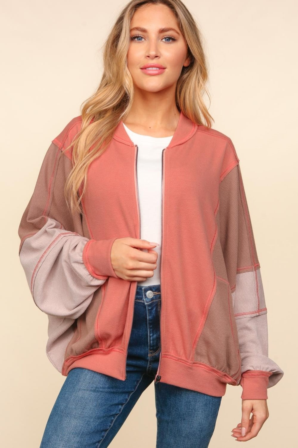 Haptics Zip Up Color Block Bomber Jacket with Side Pockets - Charming Charlie