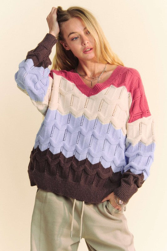 Davi & Dani Wavy Texture Color Block V-Neck Sweater - Charming Charlie
