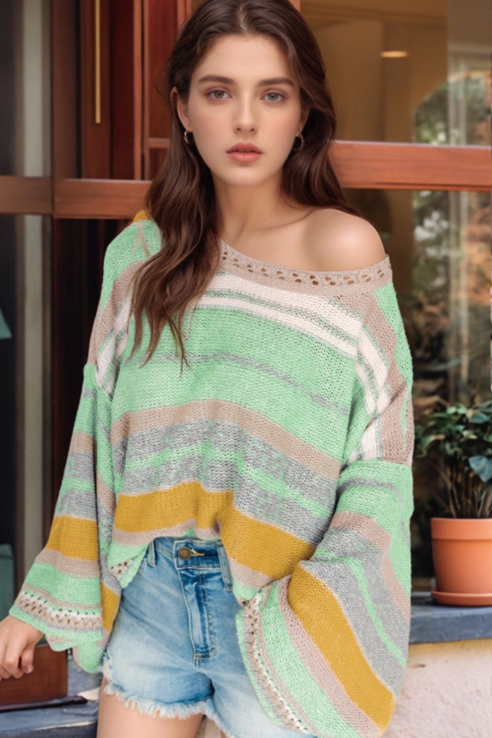 Contrast Striped Boat Neck Dropped Shoulder Sweater - Charming Charlie