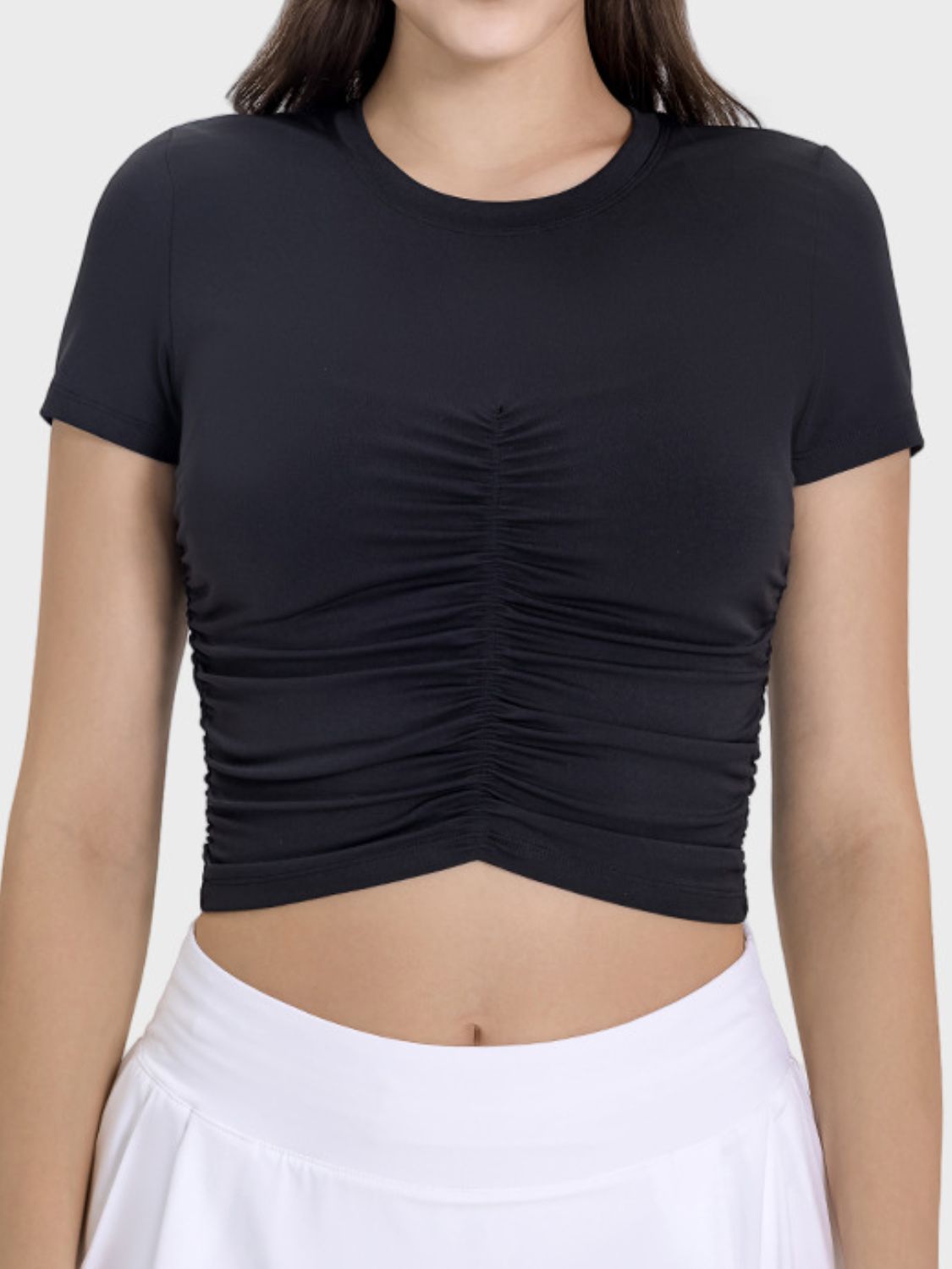 Ruched Round Neck Short Sleeve Active T-Shirt - Charming Charlie
