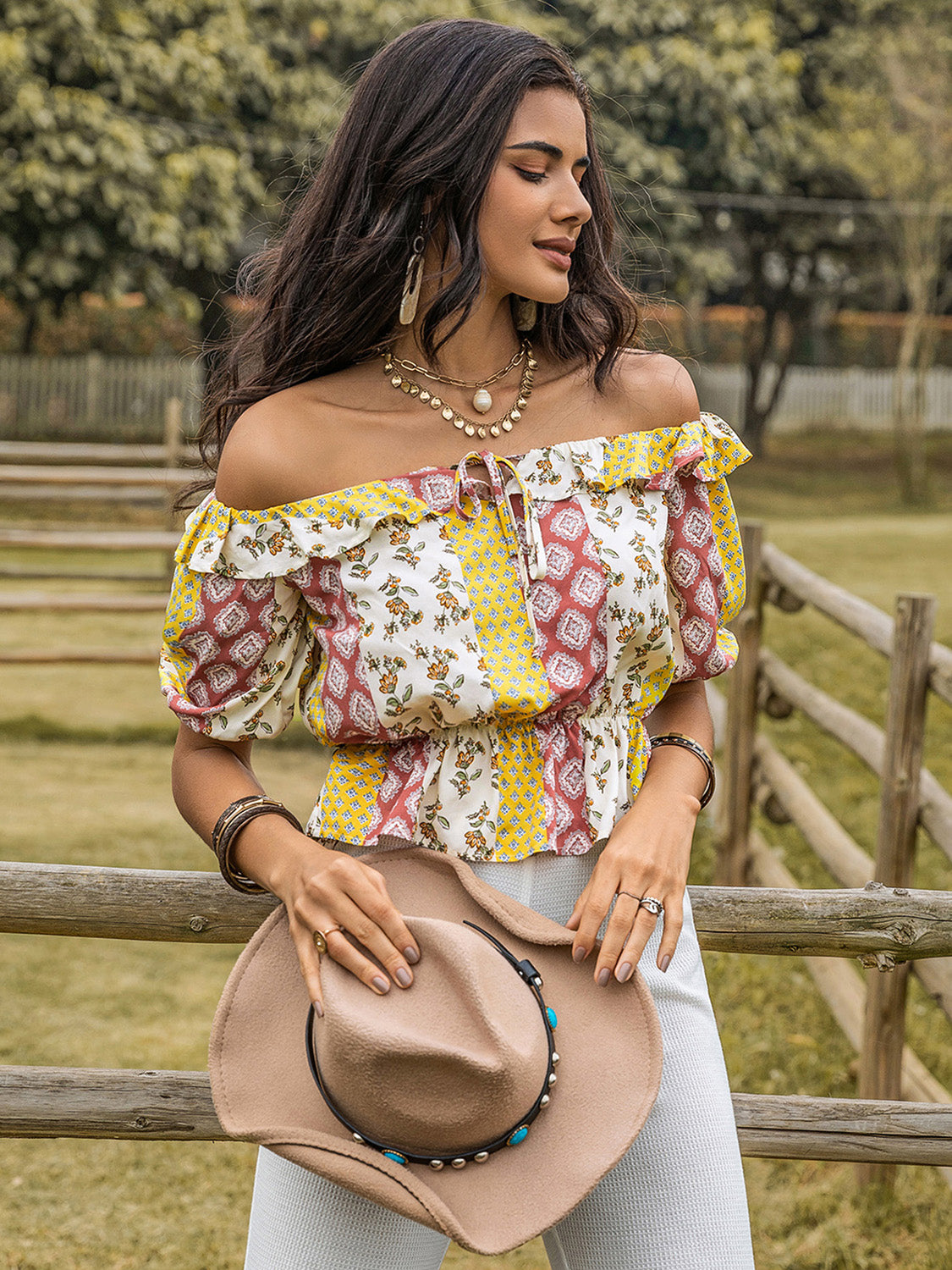 Ruffled Printed Off-Shoulder Short Sleeve Blouse - Charming Charlie