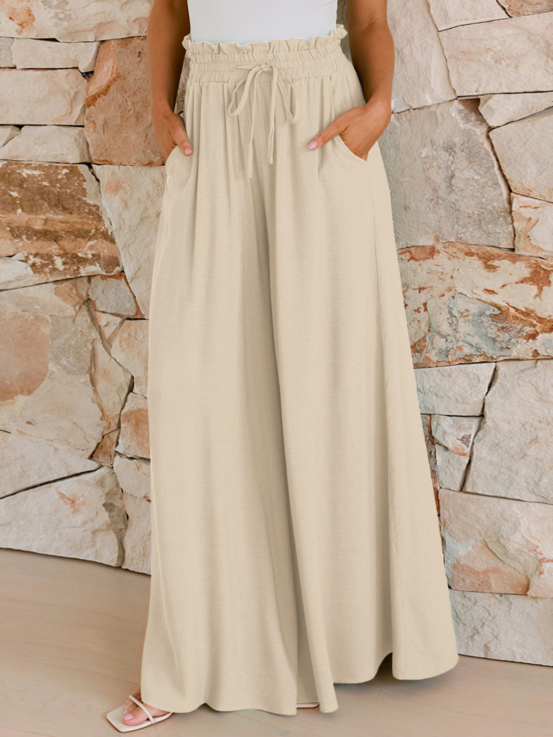 Drawstring Wide Leg Pants with Pockets - Charming Charlie