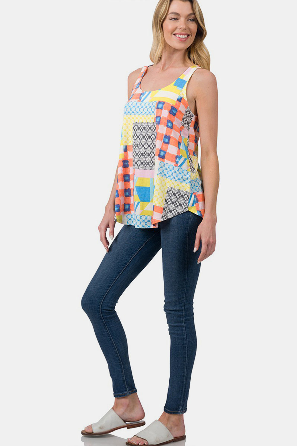 Zenana Printed Round Neck Curved Hem Tank - Charming Charlie