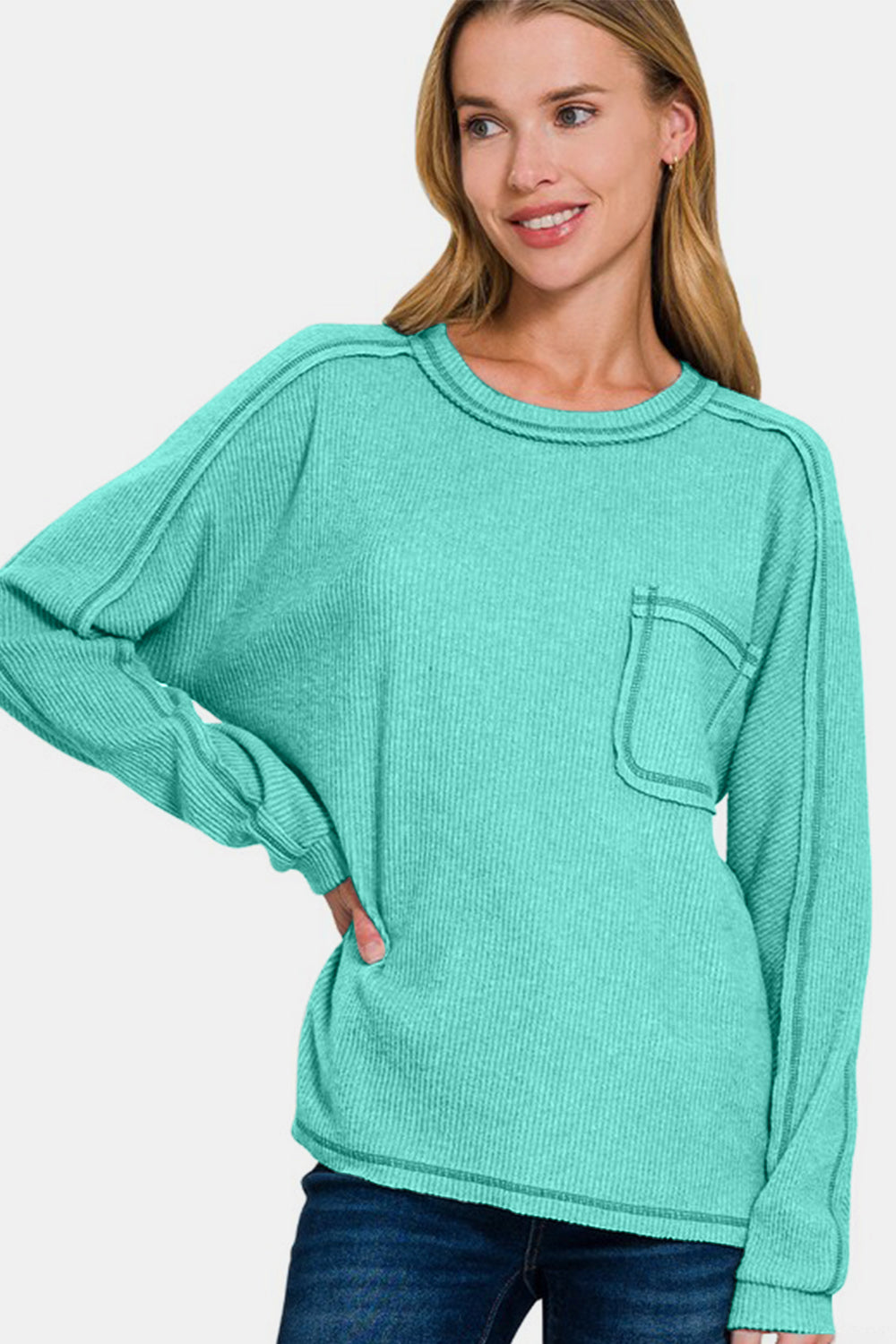 Zenana Full Size Contrast Stitching Brushed Ribbed Hacci Knit Top Plus Size - Charming Charlie