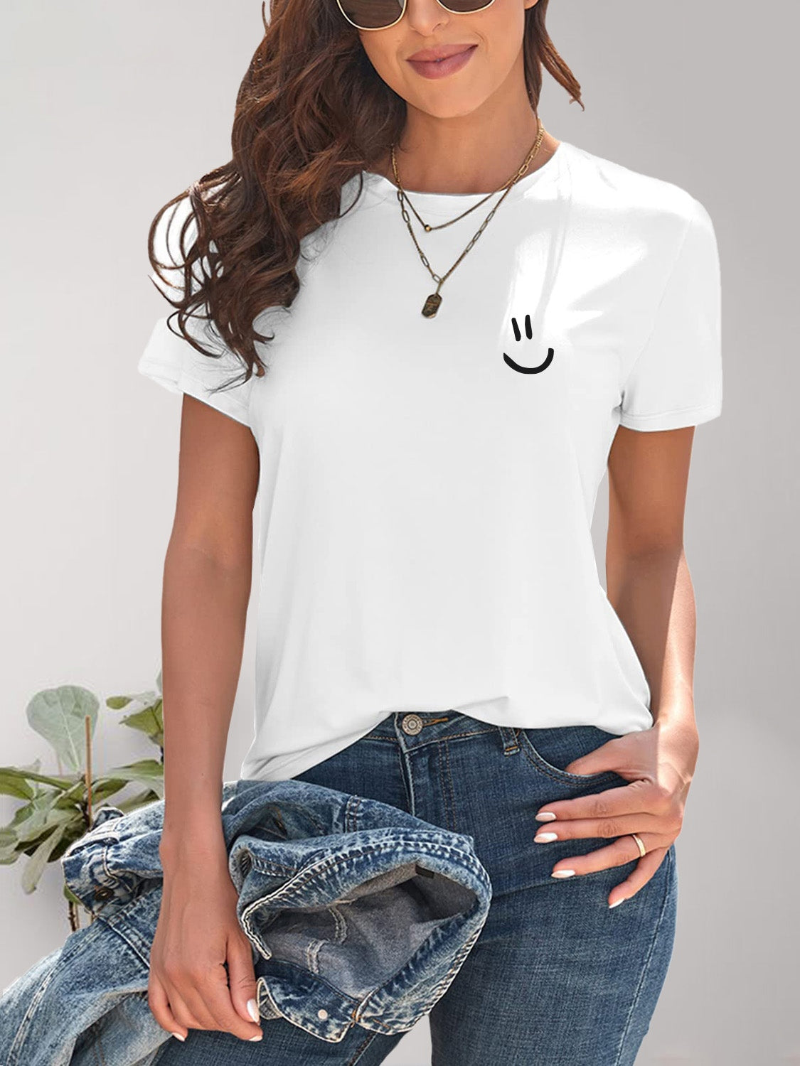 Smile Graphic Round Neck Short Sleeve T-Shirt - Charming Charlie