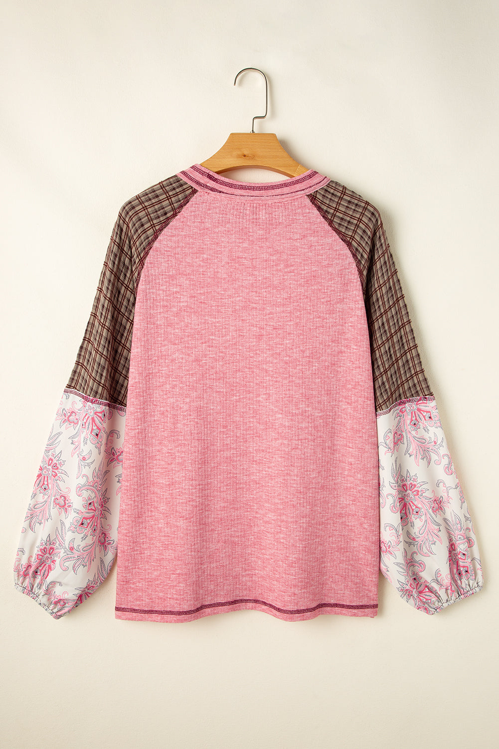Plaid Floral Patchwork Round Neck Long Sleeve Top - Charming Charlie