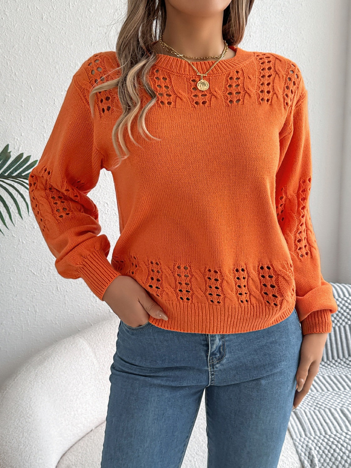 Openwork Round Neck Long Sleeve Sweater - Charming Charlie