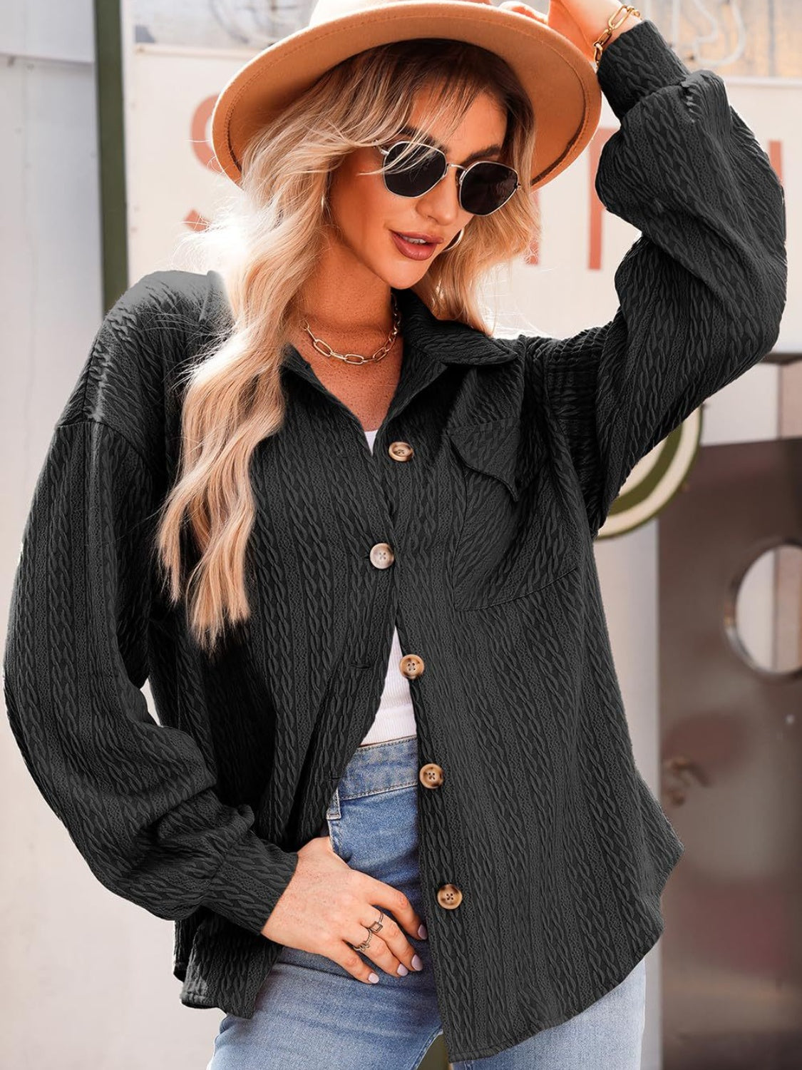 Textured Button Up Long Sleeve Shacket - Charming Charlie