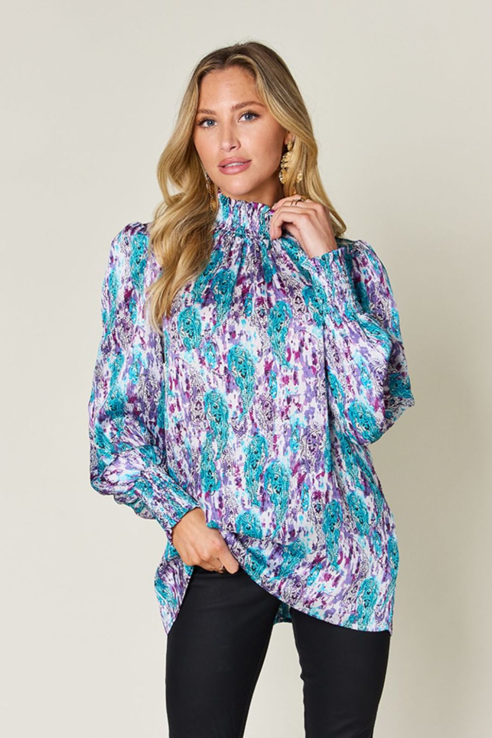 Double Take Full Size Printed Smocked Long Sleeve Blouse - Charming Charlie