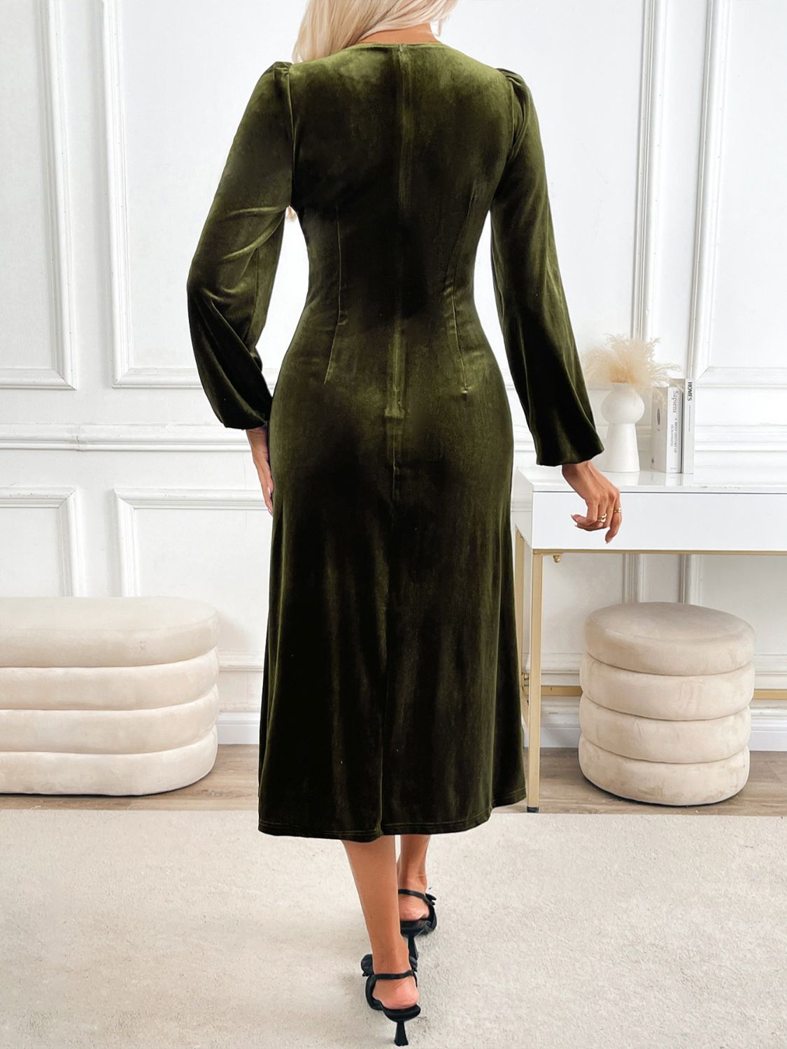 Perfee Slit V-Neck Long Sleeve Midi Dress - Charming Charlie