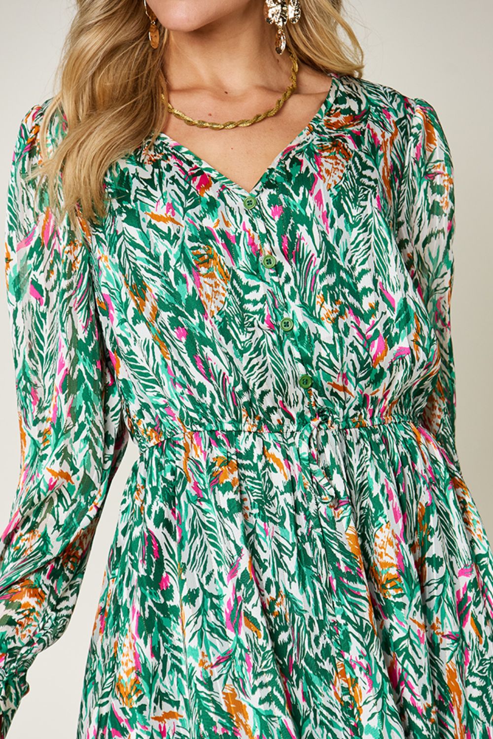 Double Take Full Size Printed Drawstring Waist Long Sleeve Dress - Charming Charlie