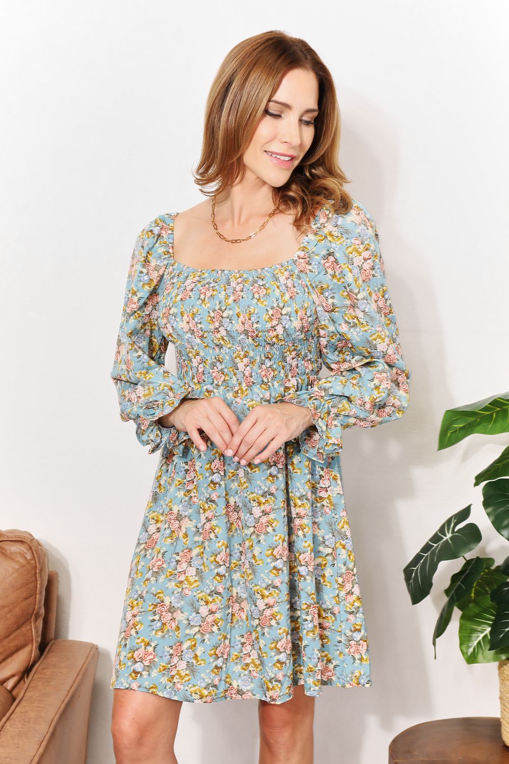 Honey Floral Smocked Flounce Sleeve Square Neck Dress - Charming Charlie