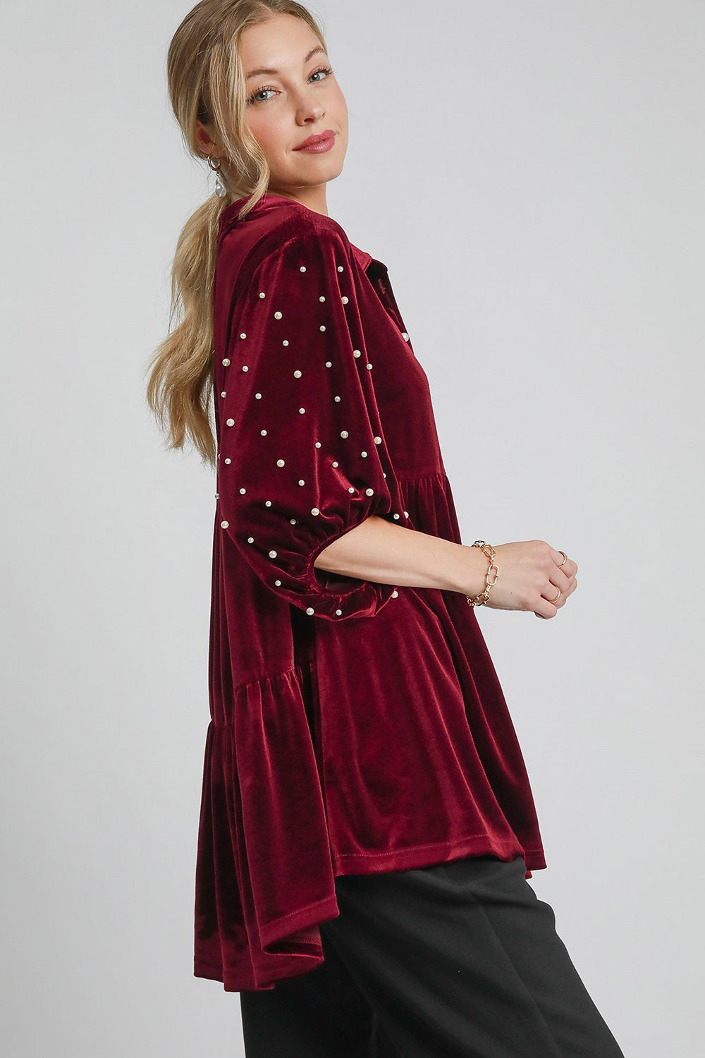 Umgee Pearl Detail Collared Neck Velvet Babydoll Blouse - Charming Charlie