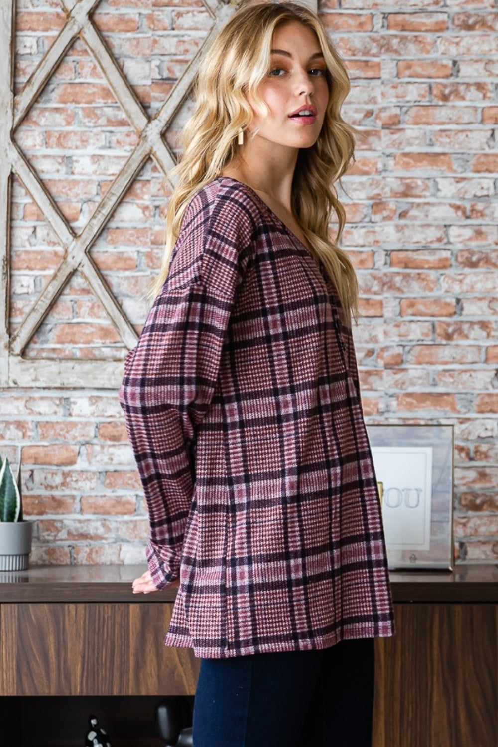 Heimish Full Size Plaid V-Neck Long Sleeve Top - Charming Charlie