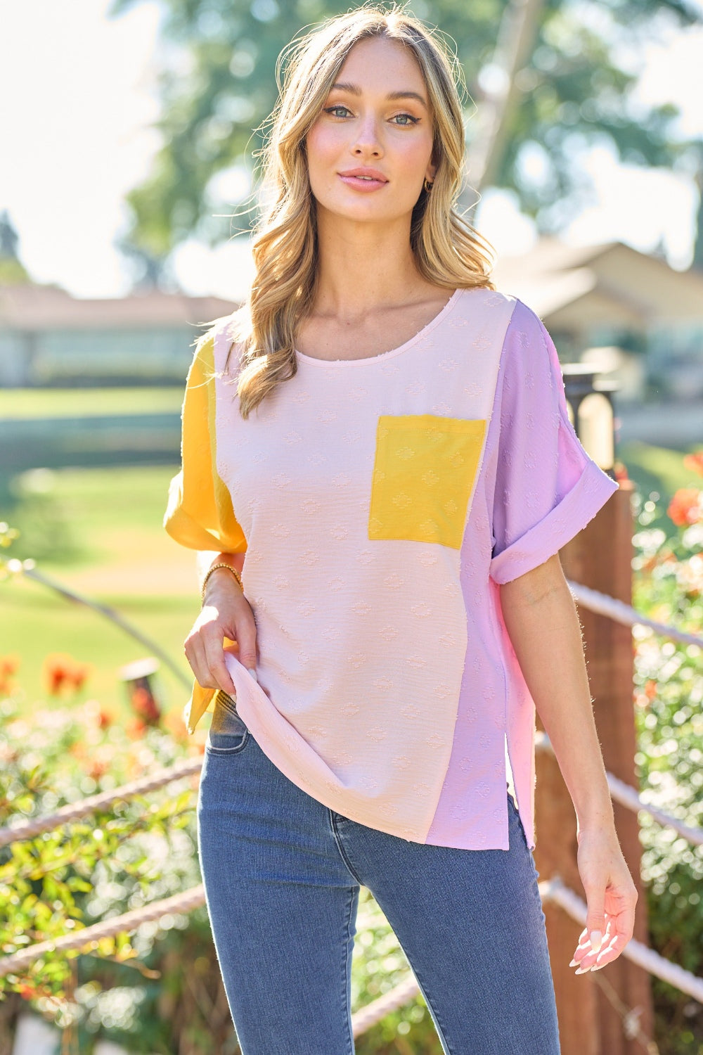 Hailey & Co Full Size Color Block Short Sleeve Top - Charming Charlie
