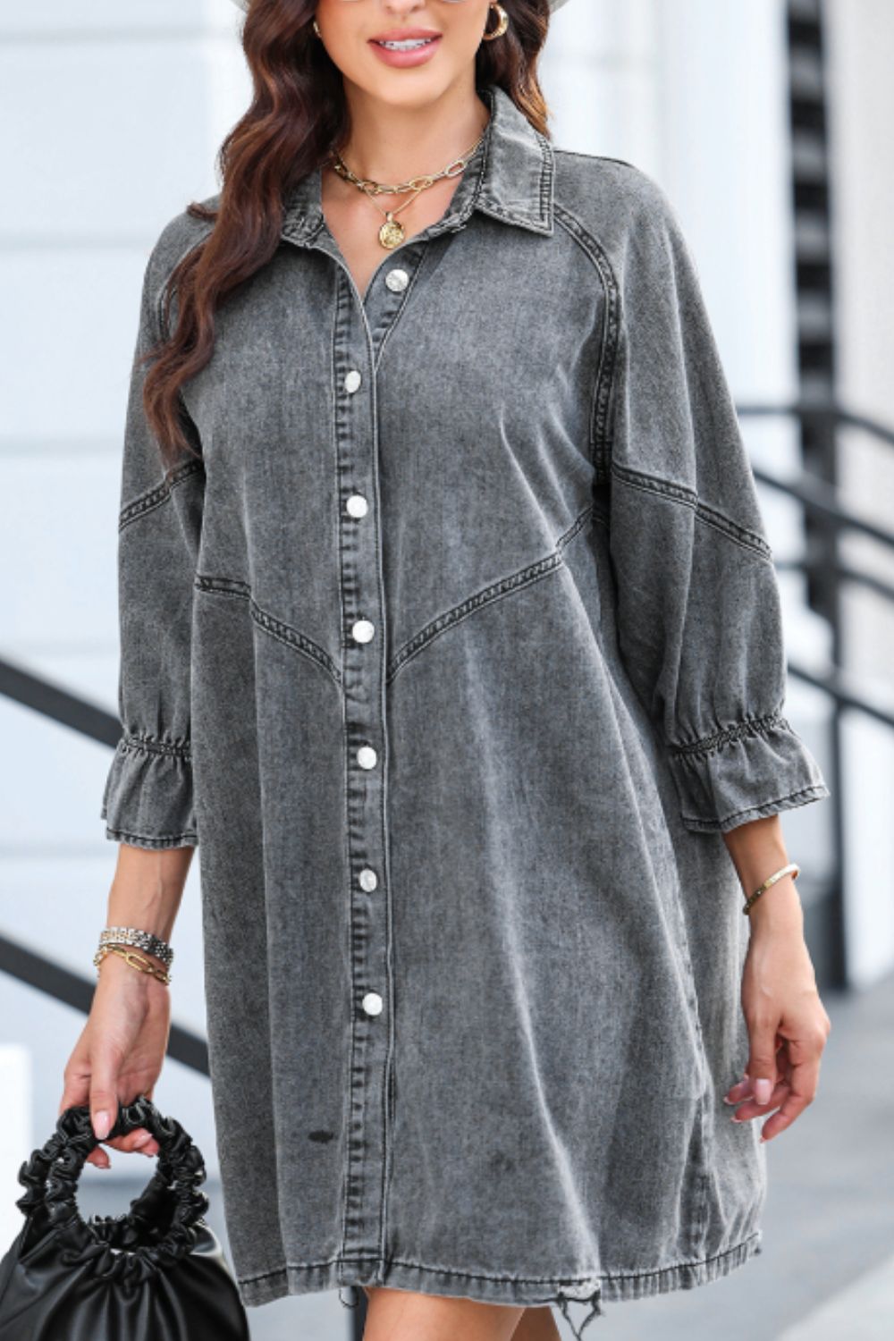Distressed Collared Neck Flounce Sleeve Denim Dress - Charming Charlie