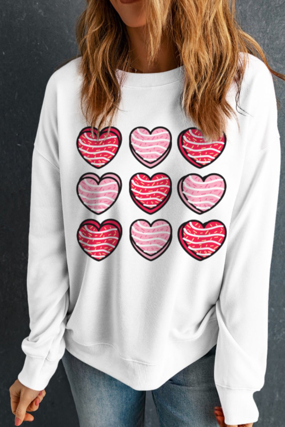 Valentine's Day Heart Round Neck Long Sleeve Sweatshirt - Charming Charlie