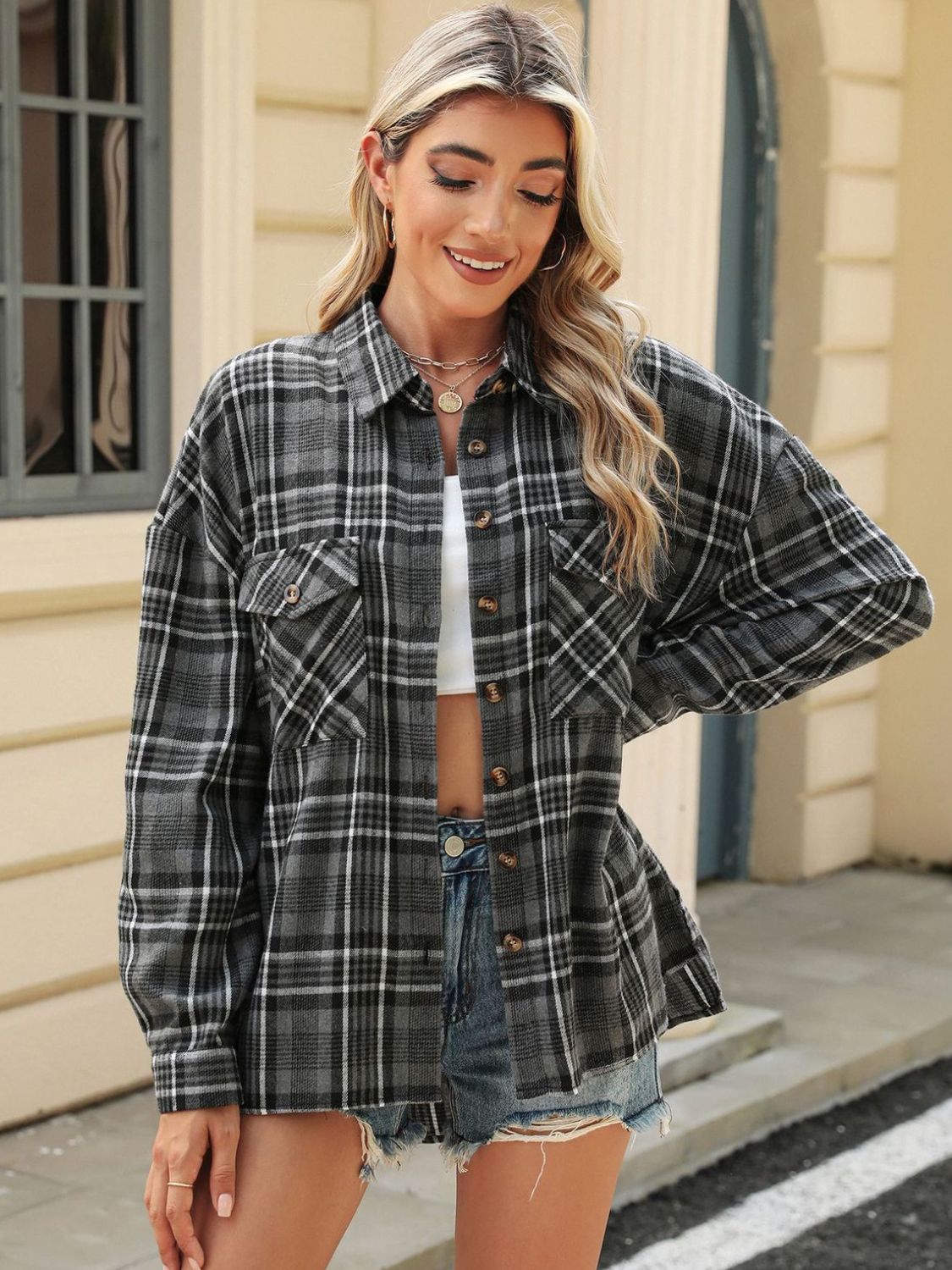 Pocketed Plaid Collared Neck Long Sleeve Shirt - Charming Charlie