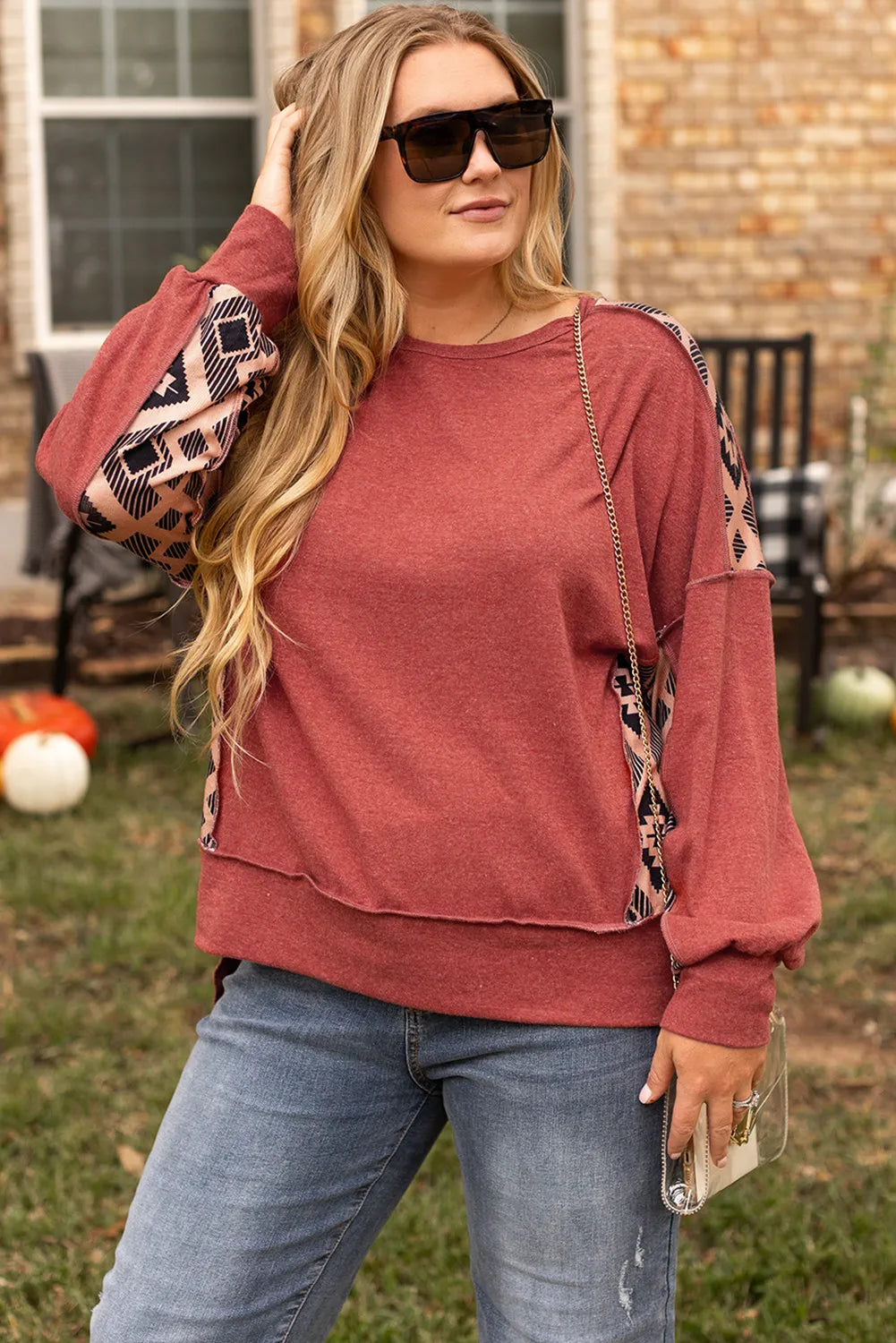 Plus Size Geometric Round Neck Long Sleeve Sweatshirt - Charming Charlie