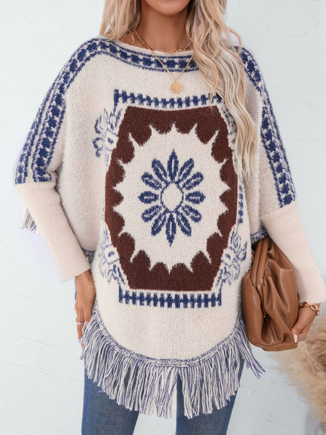 Fringe Geometric Long Sleeve Poncho - Charming Charlie