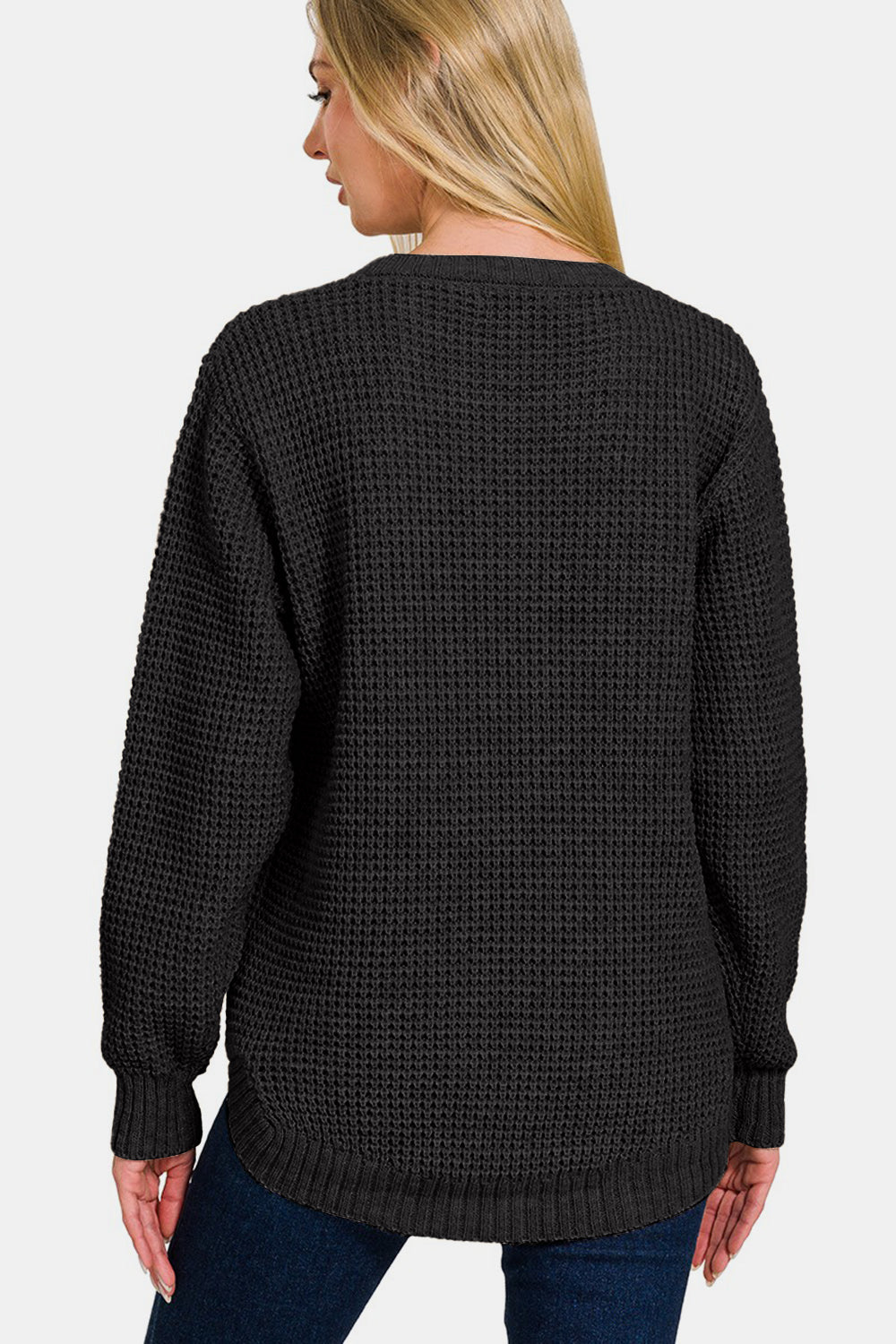 Zenana High Low Long Sleeve Waffle Sweater - Charming Charlie