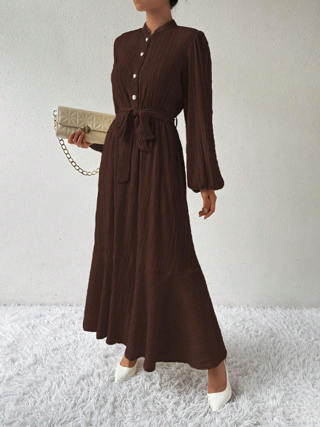 Half Button Tie Waist Long Sleeve Maxi Dress - Charming Charlie