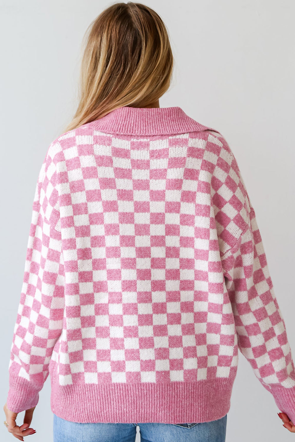 Checkered Collared Neck Long Sleeve Sweater - Charming Charlie