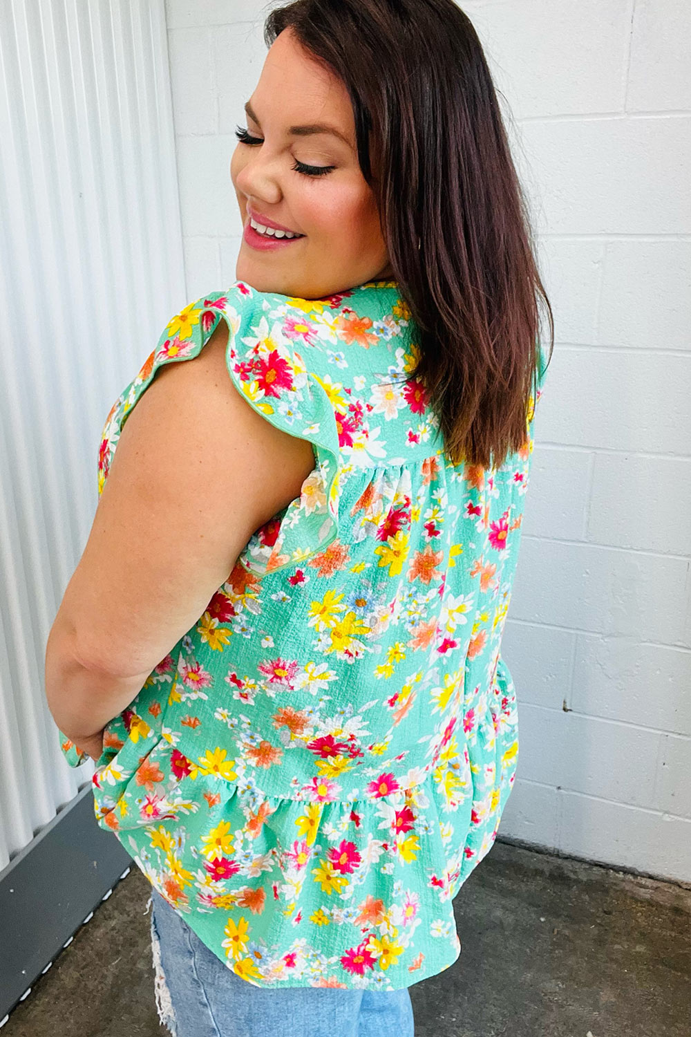 Mint Floral Yoke Flutter Sleeve Keyhole Back Top - Charming Charlie
