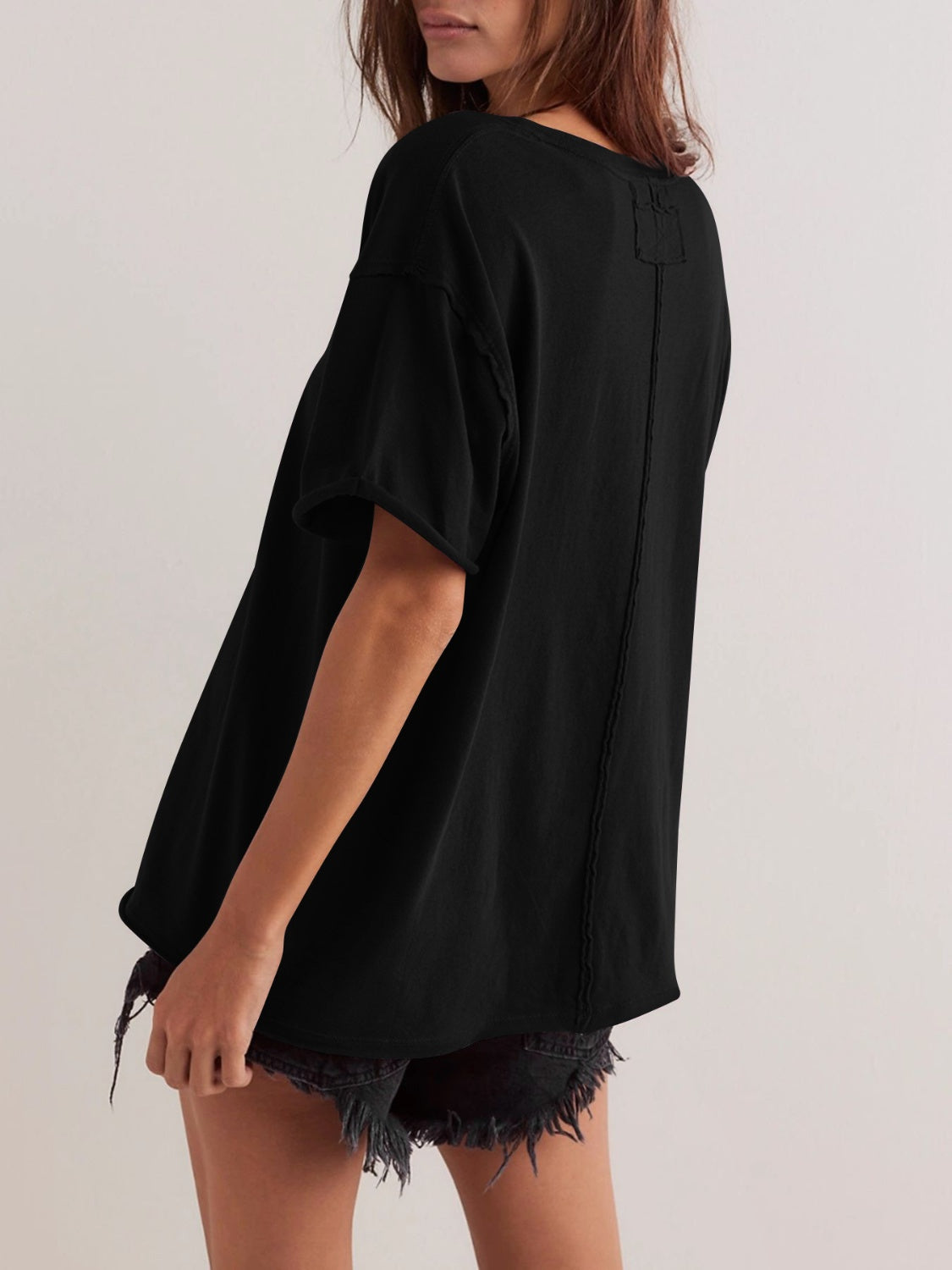Lovelet Exposed Seam Round Neck Half Sleeve T-Shirt - Charming Charlie