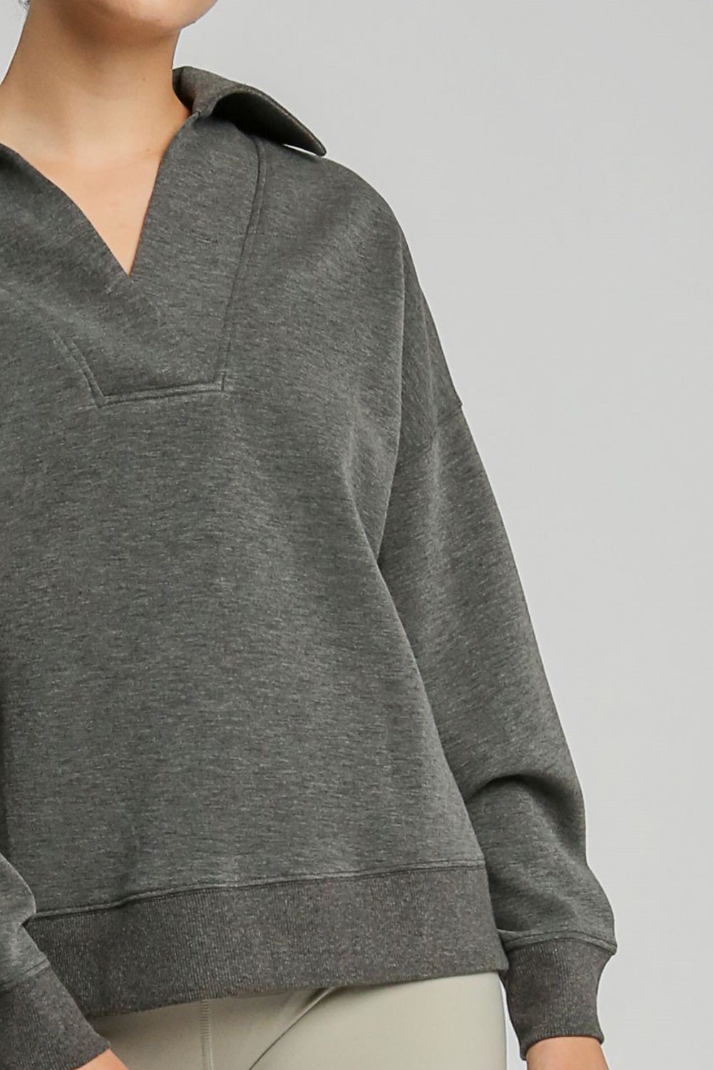 Umgee Johnny Collar Dropped Shoulder Sweatshirt - Charming Charlie