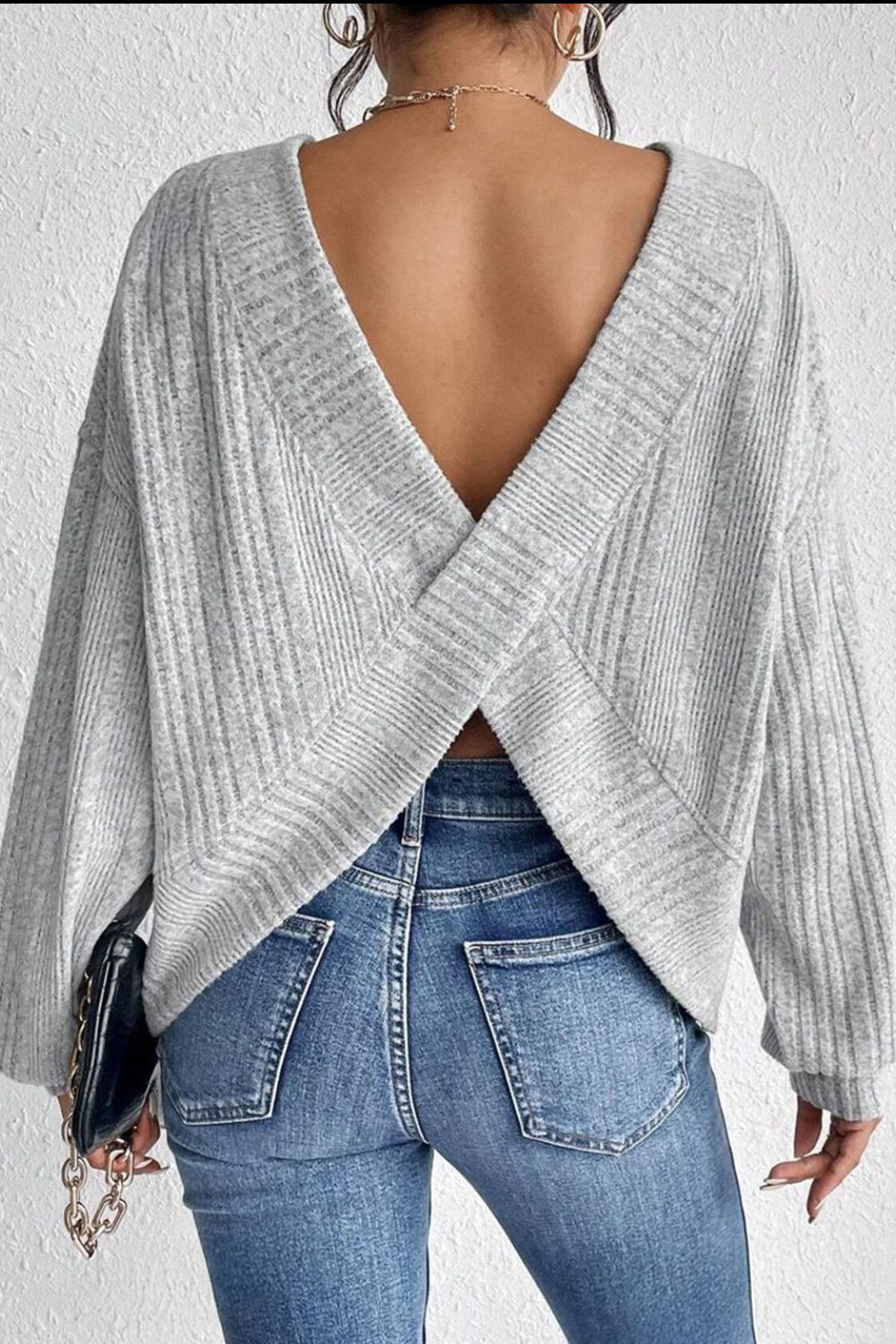 Crossover Backless Long Sleeve Knit Top - Charming Charlie