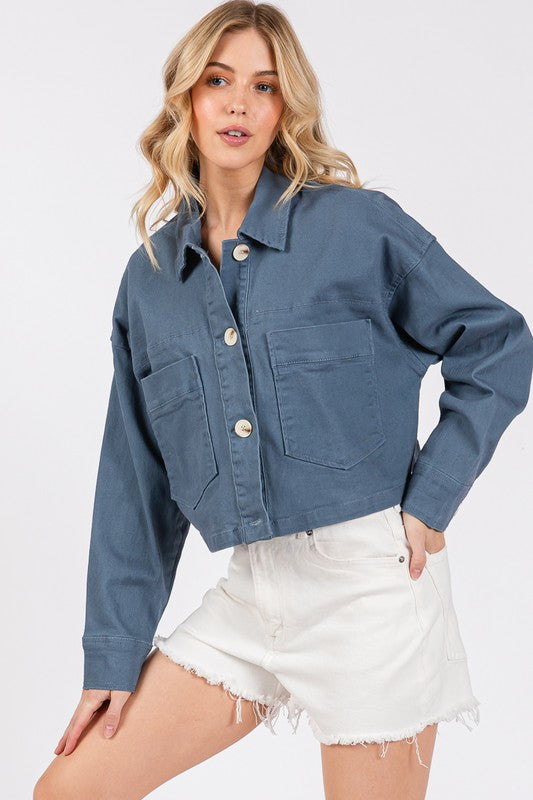 bytos Button Down Cropped Denim Jacket with Patch Pockets - Charming Charlie