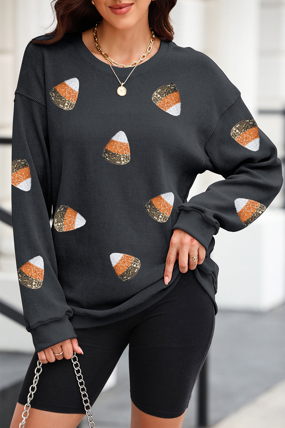 Sequin Round Neck Long Sleeve Sweatshirt - Charming Charlie